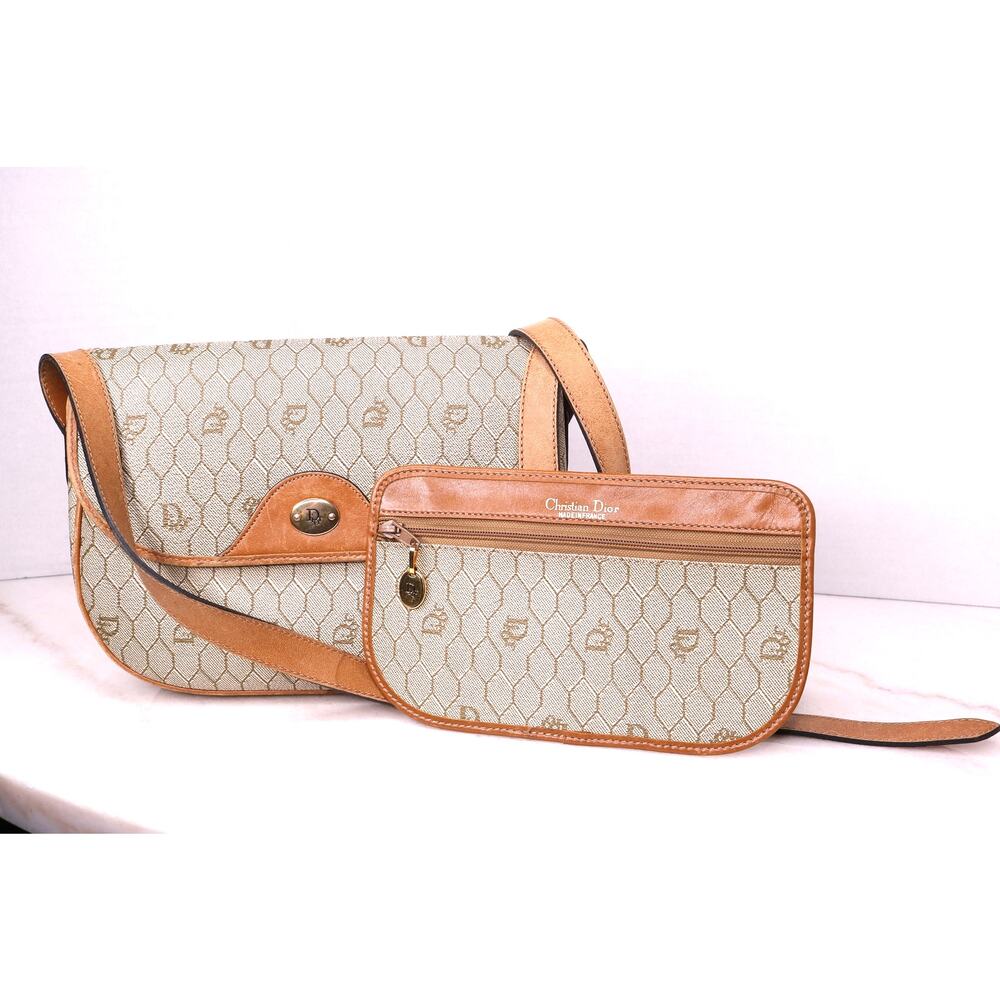 Vintage Christian Dior Honeycomb Monogram Shoulder Bag Leather Matching Pouch